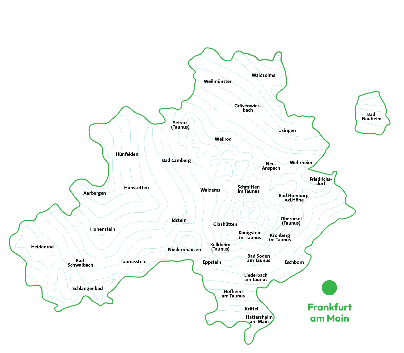 Illustration der Gebietskarte aller Mitglieder des Taunus Touristik Service e.V. im Taunus.